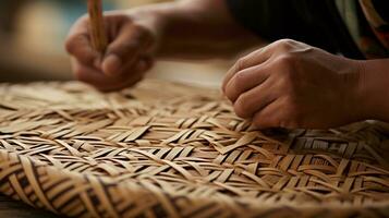 a imagem exibindo uma especializado artesão tecelagem intrincado bambu padrões, enfatizando a artesanato e dedicação envolvido dentro criando bambu arte, com espaço para texto. ai gerado foto
