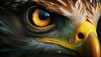 uma visualmente cativante composição exibindo uma fechar-se do a da águia piercing olho contra uma texturizado pano de fundo. fundo imagem, ai gerado foto
