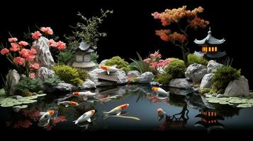 a artístico composição apresentando uma harmonioso estilo japonês jardim com uma koi lago, pedra lanternas, e bonsai árvores, permitindo espaço para texto. fundo imagem, ai gerado foto