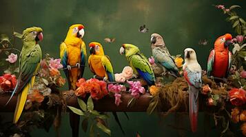 a artístico montagem apresentando vários papagaio espécies dentro seus natural habitats, contra texturizado fundos, permitindo espaço para texto. fundo imagem, ai gerado foto