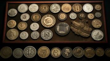 a imagem exibindo raro e Antiguidade moedas e notas de banco, com designado áreas para texto, fundo imagem, ai gerado foto