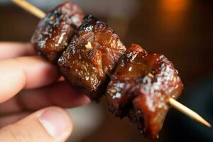 chinês Comida carne terriyaki em uma bastão foto