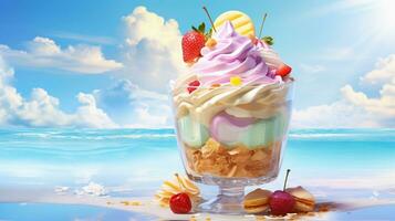 uma cena ilustrando uma delicioso verão sundae com camadas do gelo creme, coberturas, e de cor pastel xarope, fornecendo espaço para texto, fundo imagem, ai gerado foto