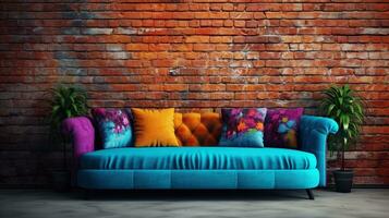 imagem do uma lindo vibrante colori sofá com espaço para texto e texturizado vibrante tijolo parede fundo, ai gerado foto