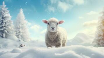 uma fofo Natal ovelha dentro uma Nevado paisagem, com espaço para texto, fundo imagem, generativo ai foto