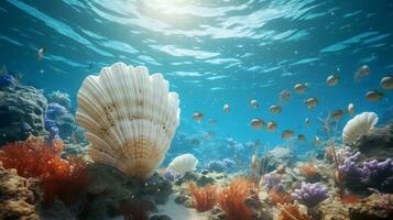 uma cena ilustrando conchas do mar dentro seus natural embaixo da agua habitat, fornecendo espaço para texto, fundo imagem, generativo ai foto