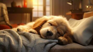 uma pacífico e adorável cena capturando uma sonolento cachorro dentro uma acolhedor hora da soneca momento, permitindo espaço para texto, fundo imagem, generativo ai foto