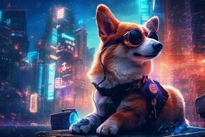 corgi cachorro cyberpunk noite foto