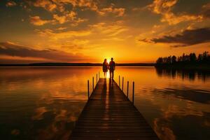 casal lago pôr do sol foto