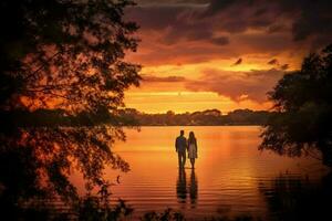 casal lago pôr do sol olhando foto