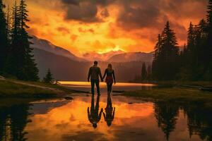 casal montanha lago pôr do sol foto