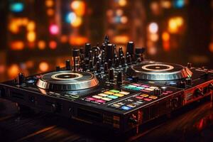 dj equipamento dentro uma clube com uma borrado fundo foto