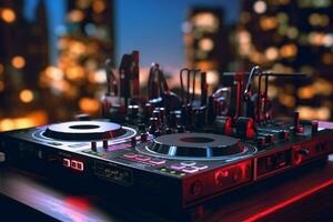 dj equipamento dentro uma clube com uma borrado fundo foto