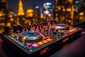 dj equipamento dentro uma clube com uma borrado fundo foto