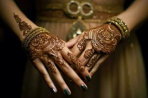 elegante noiva hena adornando mão e beleza foto