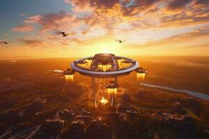 futurista zangão captura aéreo Visão às pôr do sol foto