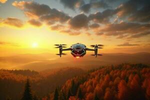 futurista zangão captura aéreo Visão às pôr do sol foto