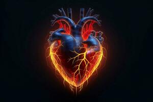 brilhando linhas às humano coração 3d forma em Sombrio backg foto