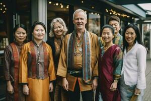 grupo do profissionais dentro tradicional roupas sorriso foto