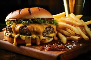 grelhado Hamburguer de queijo com derretido queijo cheddar e frie foto