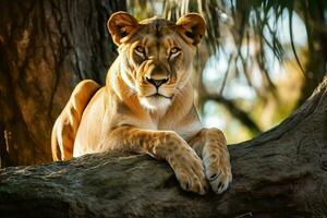 majestoso leoa encarando às Câmera dentro savana foto