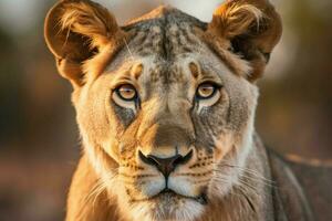 majestoso leoa encarando às Câmera dentro savana foto