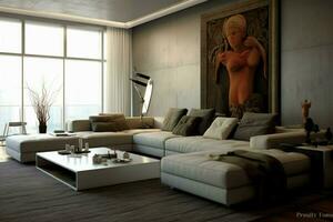 moderno interior vivo quarto com confortável sofá foto