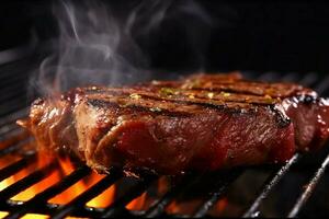 foto uma saboroso carne bife frito em a grade profes