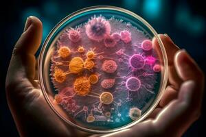 cientista análises bactéria com Alto escala magno foto