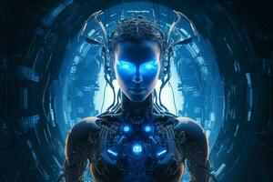 em pé futurista cyborg iluminado de azul mach foto