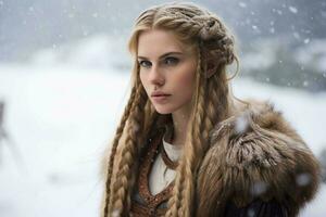 viking mulher grandes cabelo neve assentamento foto