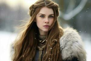 viking mulher grandes cabelo neve assentamento foto