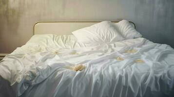 uma cama com branco folhas e uma travesseiro em isto foto