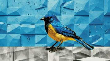 uma azul pássaro é sentado dentro frente do uma ouro foto