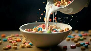 uma tigela do cereal com leite derramando para dentro isto foto