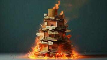 uma queimando casa do pilha do dinheiro foto