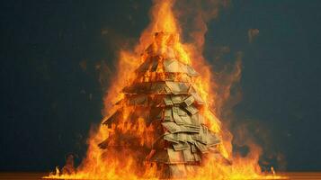 uma queimando casa do pilha do dinheiro foto