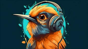 uma desenho animado ilustração do uma pássaro vestindo fone de ouvido foto