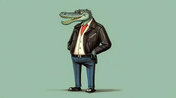 uma desenho animado ilustração do uma crocodilo vestindo foto