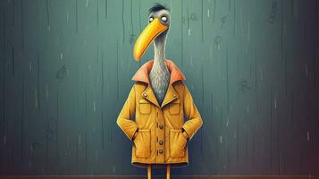 uma desenho animado do uma pássaro vestindo uma Jaqueta com a wor foto