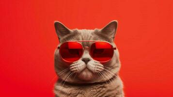 uma gato vestindo oculos de sol e uma vermelho fundo sagacidade foto