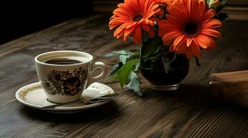 uma copo do café e uma flor em uma de madeira mesa foto