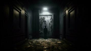 uma Sombrio corredor com uma porta e uma pessoa em pé foto