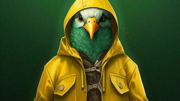 uma digital ilustração do uma pássaro vestindo uma verde foto