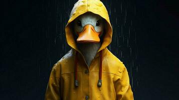 uma Pato dentro uma capa de chuva com uma de capuz e uma de capuz foto