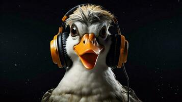uma Pato com fones de ouvido e óculos foto