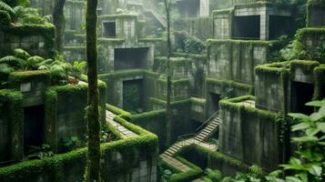 uma fantasia Labirinto dentro selva Alto paredes do concreto foto