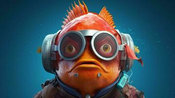 uma peixe com uma capacete e óculos este diz peixe foto