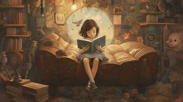 uma menina é lendo uma livro com a título menina foto