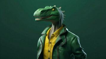 uma verde dinossauro com uma verde camisa e uma verde foto